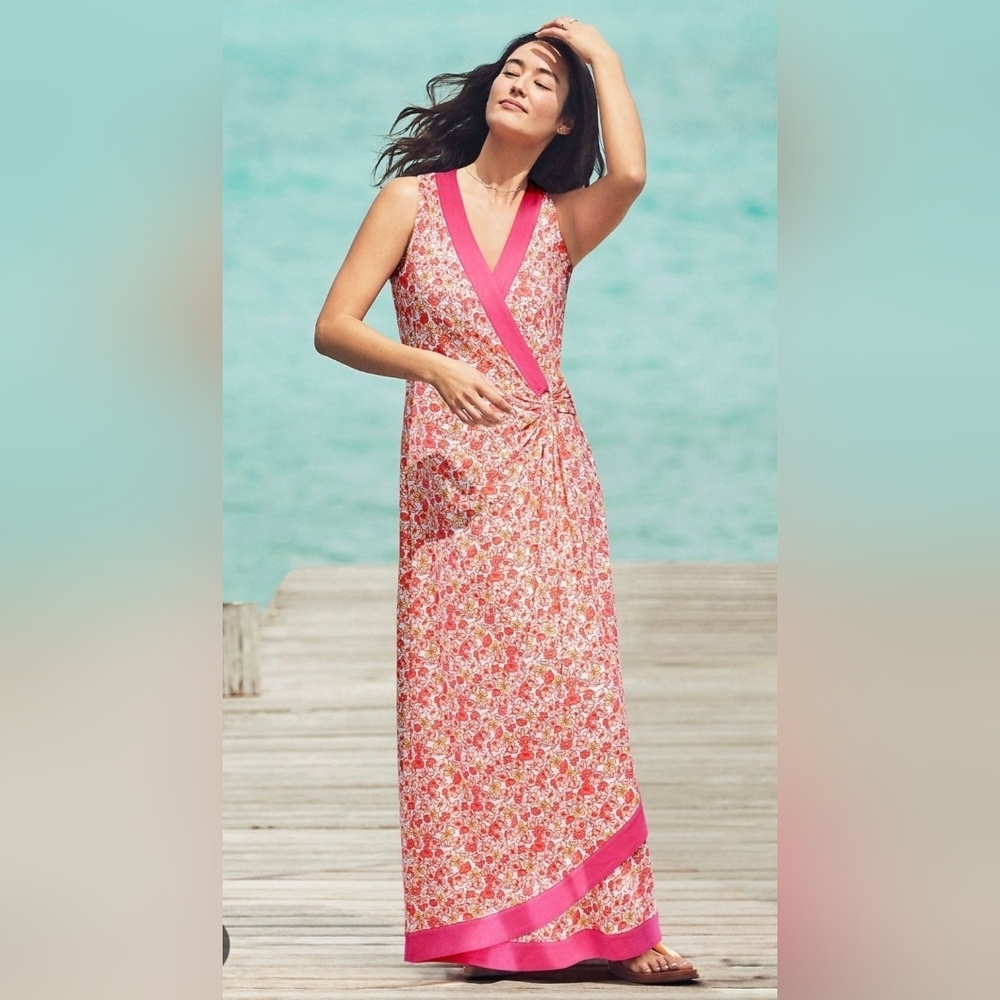 Land's End Pink & Orange Floral Maxi Dress, Med 10-12 New Coastal